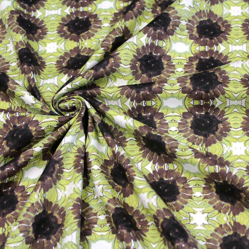 Tissu popeline de coton fleuri blanc aux tournesols vert pistache & marron - TissusPapi.com