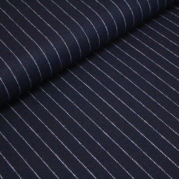 Tissu flanelle de laine bleu nuit à rayures banquier blanches, rayures Chalk Stripe - tissuspapi