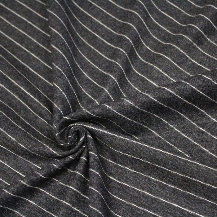 Tissu flanelle de laine gris anthracite à rayures banquier blanches