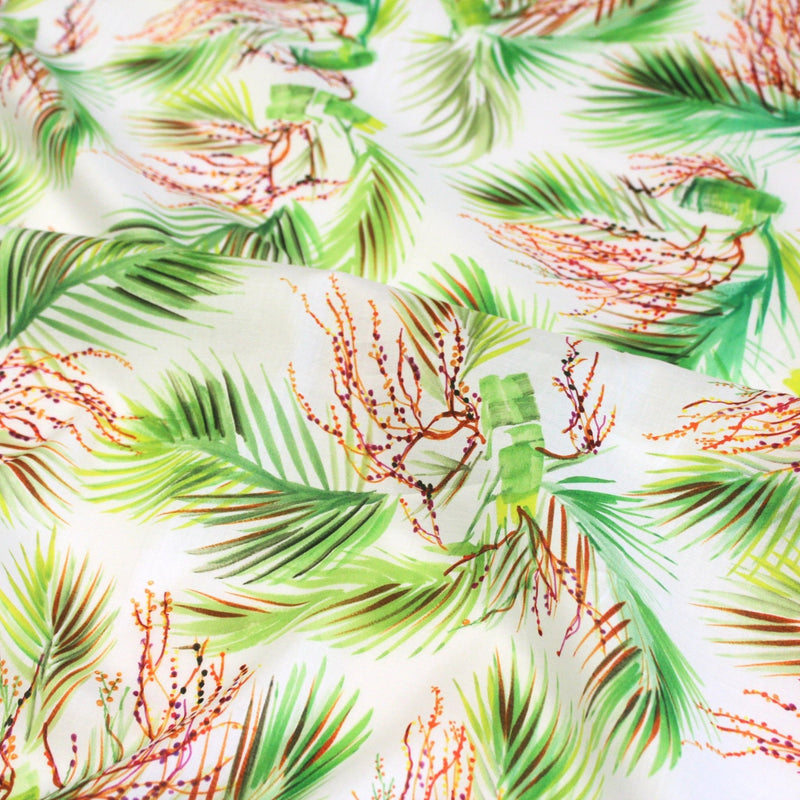 Tissu UBATUBA Voile de coton Feuilles tropicales & fond écru - TissusPapi.com