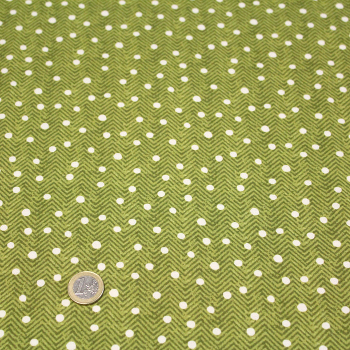 Tissu popeline de coton aux chevrons verts et petits pois écrus 6mm