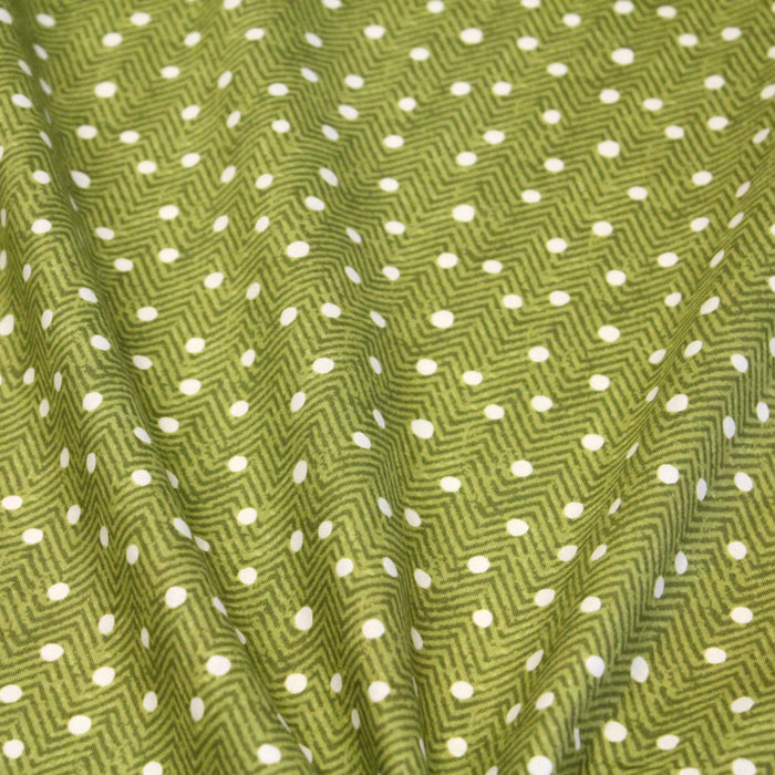 Tissu popeline de coton aux chevrons verts et petits pois écrus 6mm