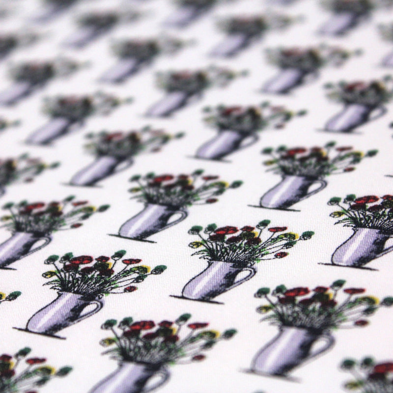 Tissu popeline de coton aux fleurs en pot, fond blanc - TissusPapi.com