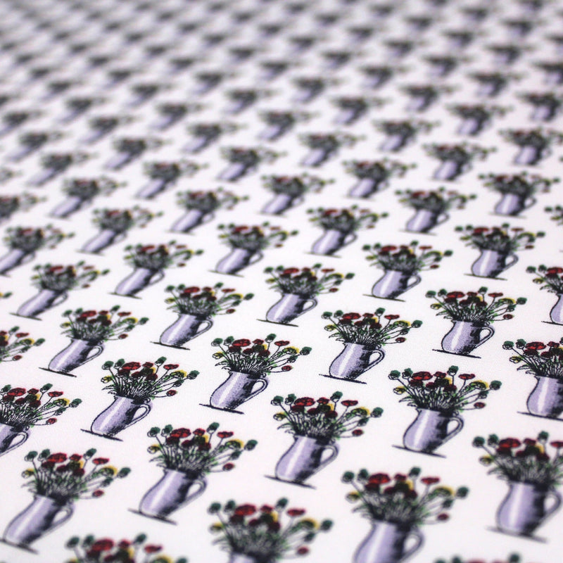 Tissu popeline de coton aux fleurs en pot, fond blanc - TissusPapi.com