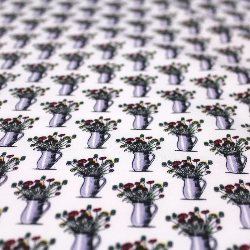 Tissu popeline de coton aux fleurs en pot, fond blanc - TissusPapi.com