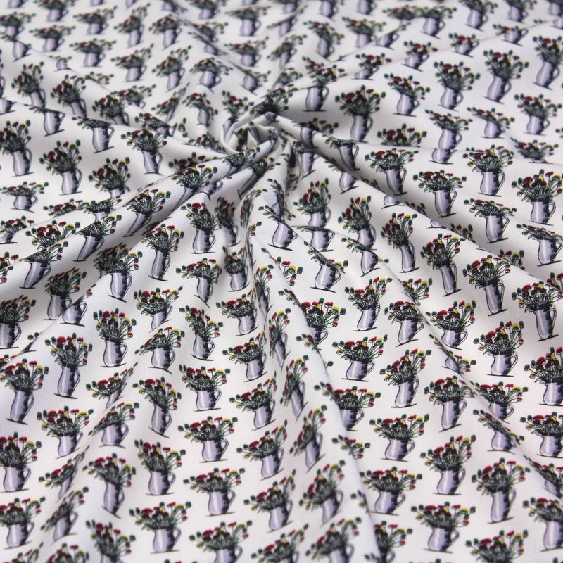 Tissu popeline de coton aux fleurs en pot, fond blanc - TissusPapi.com