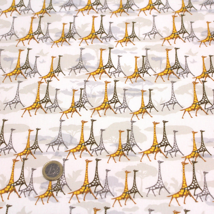 Tissu popeline de coton aux girafes jaunes & baobab, fond blanc - Oeko-Tex - tissuspapi