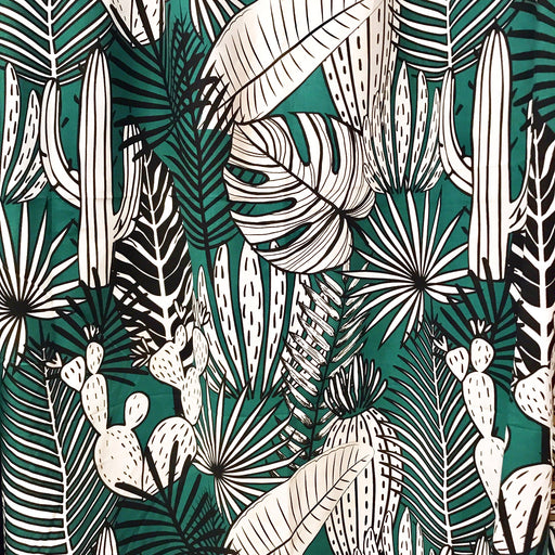 Tissu de coton demi natté AMAZONIA au feuillage tropical vert canard, noir & blanc - OEKO-TEX® - tissuspapi