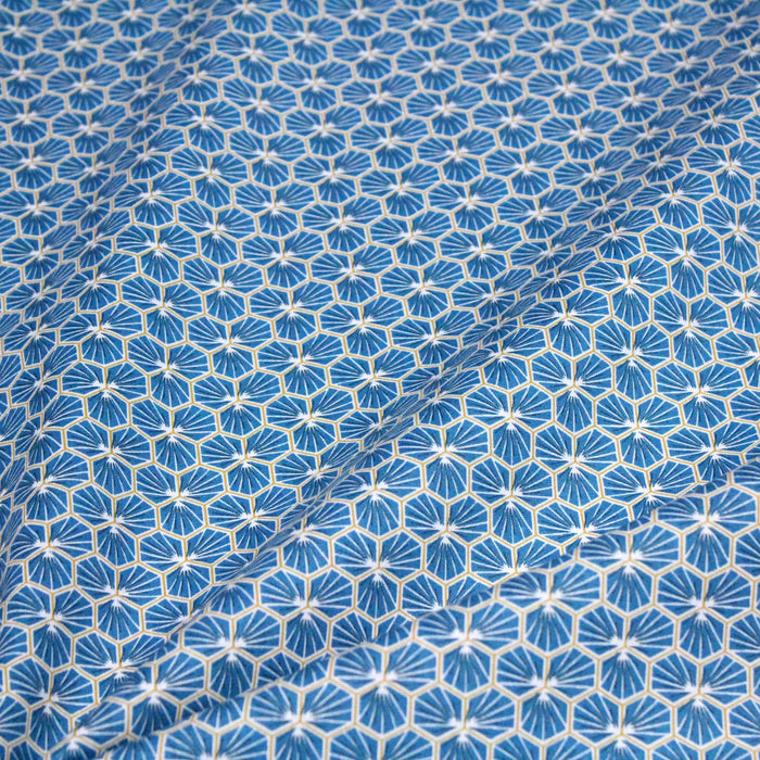 Tissu de coton motif traditionnel japonais géométrique KIKKO bleu canard - Oeko-Tex