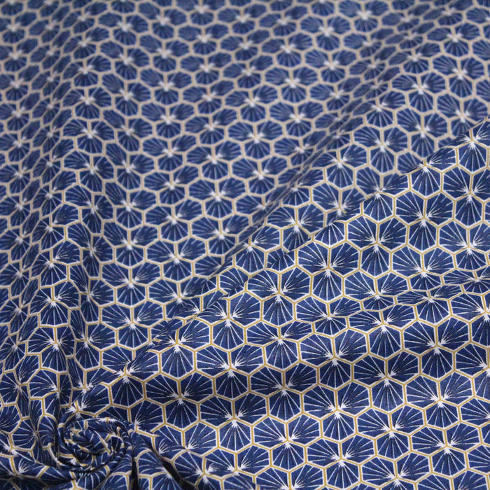 Tissu de coton motif traditionnel japonais géométrique KIKKO bleu pétrole - Oeko-Tex