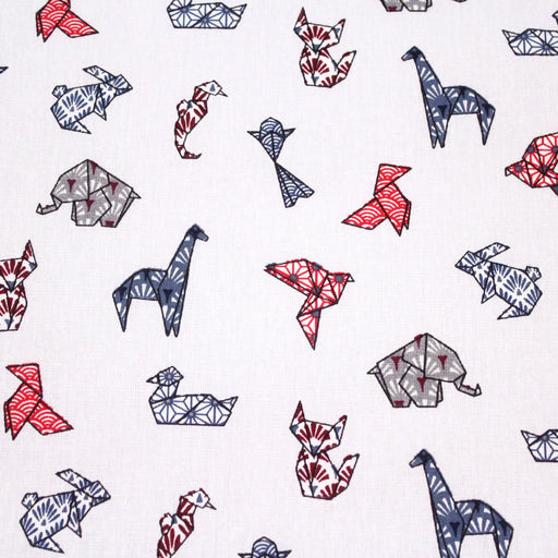 Tissu de coton motif japonais ORIGAMI de papier rouge & bleu, fond blanc cassé - Oeko-Tex - tissuspapi