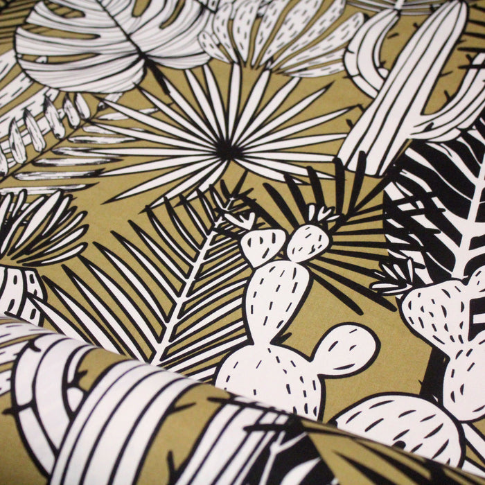 Tissu de coton demi natté AMAZONIA au feuillage tropical ocre, noir & blanc - OEKO-TEX®