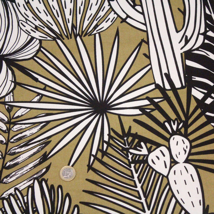 Tissu de coton demi natté AMAZONIA aux feuillage tropical ocre, noir & blanc - Oeko-Tex