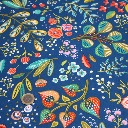 Tissu de coton ANCOLIE aux fleurs et motifs printaniers, fond bleu pétrole - Oeko-Tex