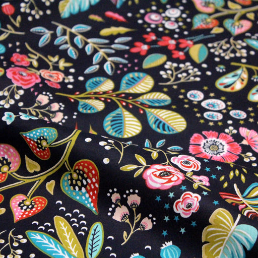 Tissu de coton ANCOLIE aux fleurs et motifs printaniers, fond noir - Oeko-Tex