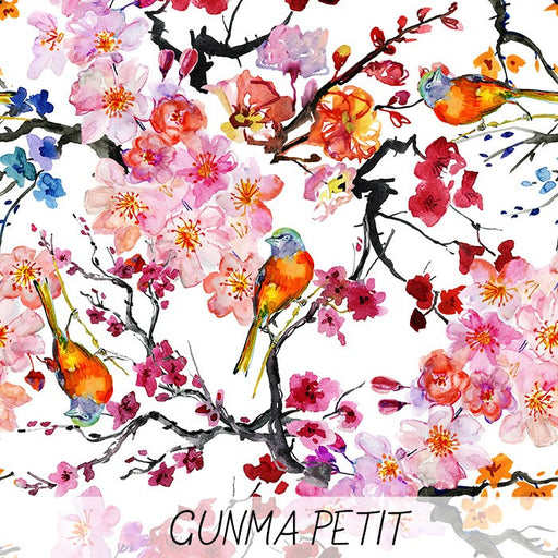 Tissu popeline de coton motif jardin japonais GUNMA PETIT aux oiseaux et fleurs de cerisier - tissuspapi