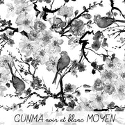 Tissu cotonnade motif jardin japonais GUNMA aux oiseaux et fleurs de cerisier noir et blanc - TissusPapi.com