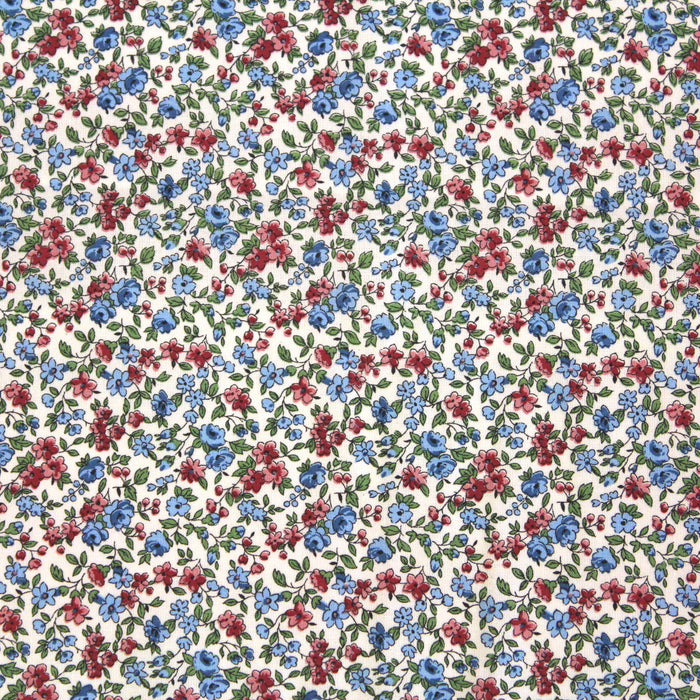 Tissu de coton VICTOIRE aux fleurs bleues & roses, fond blanc cassé - Oeko-Tex