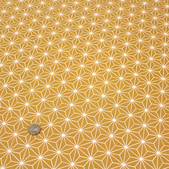 Tissu de coton motif traditionnel japonais des feuilles ASANOHA jaune moutarde & blanc - Oeko-Tex