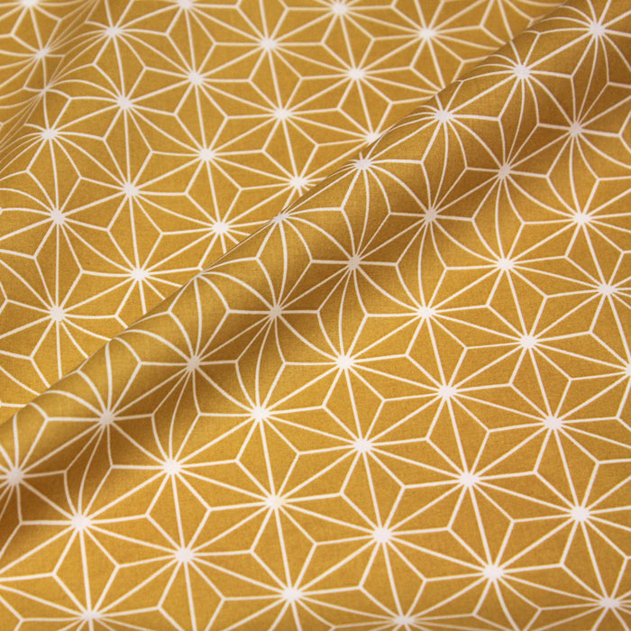 Tissu de coton motif traditionnel japonais des feuilles ASANOHA jaune moutarde & blanc - Oeko-Tex