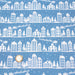 Tissu de coton de Noël scandinave aux maisons scandinaves blanches, fond bleu