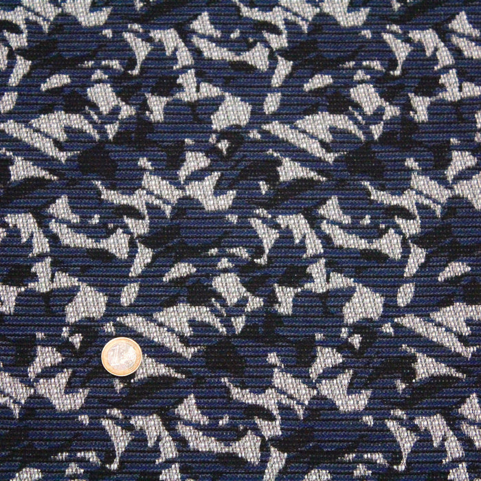 Tissu Lainage Jacquard à feuilles bleues, noires et blanches - Fabrication française