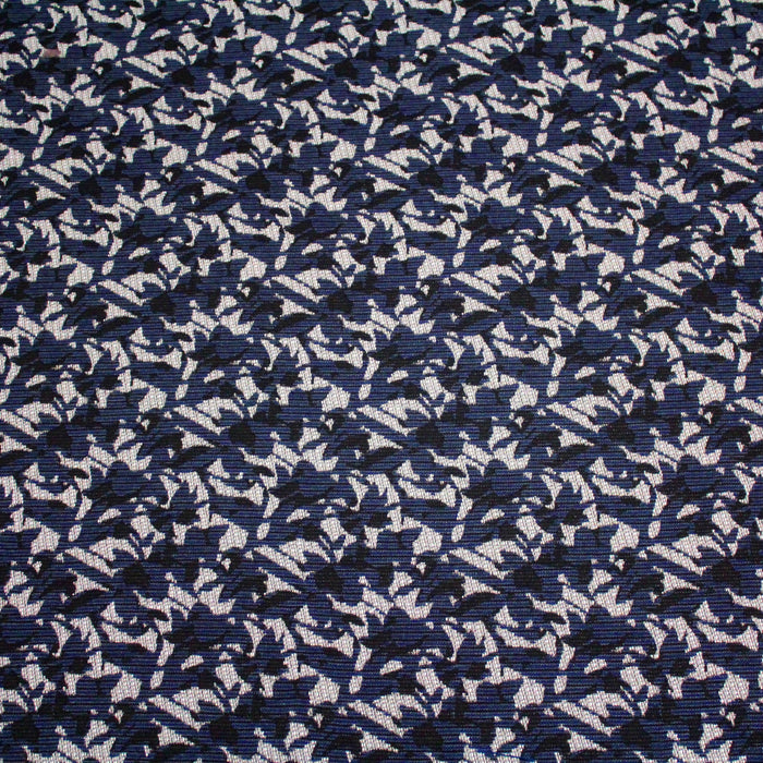 Tissu Lainage Jacquard à feuilles bleues, noires et blanches - Fabrication française