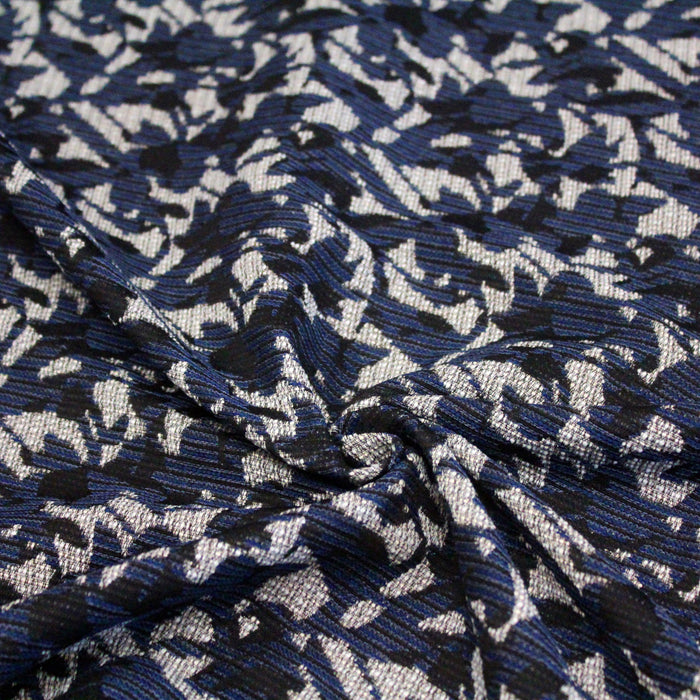 Tissu Lainage Jacquard à feuilles bleues, noires et blanches - Fabrication française