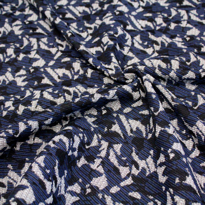 Tissu Lainage Jacquard à feuilles bleues, noires et blanches - Fabrication française