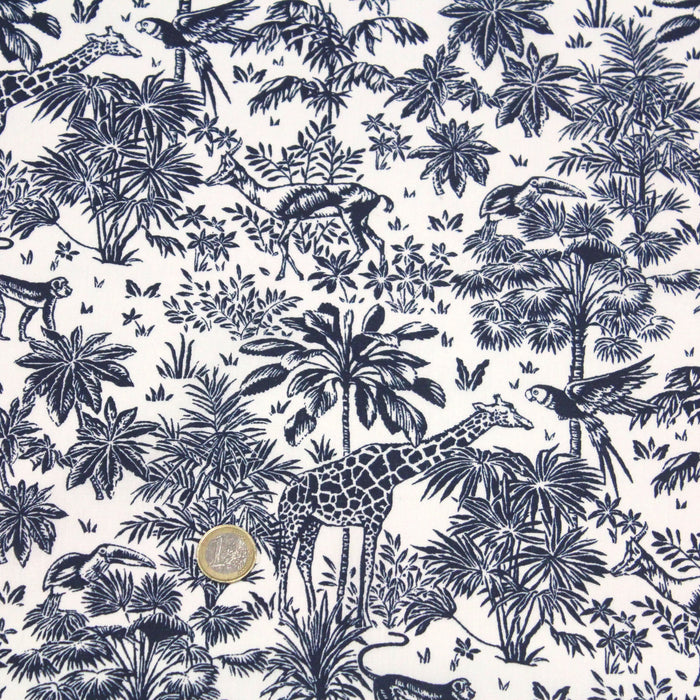 Tissu de coton toile de Jouy forêt tropicale, singes et girafes, tons bleus & blancs - Oeko-Tex - tissuspapi