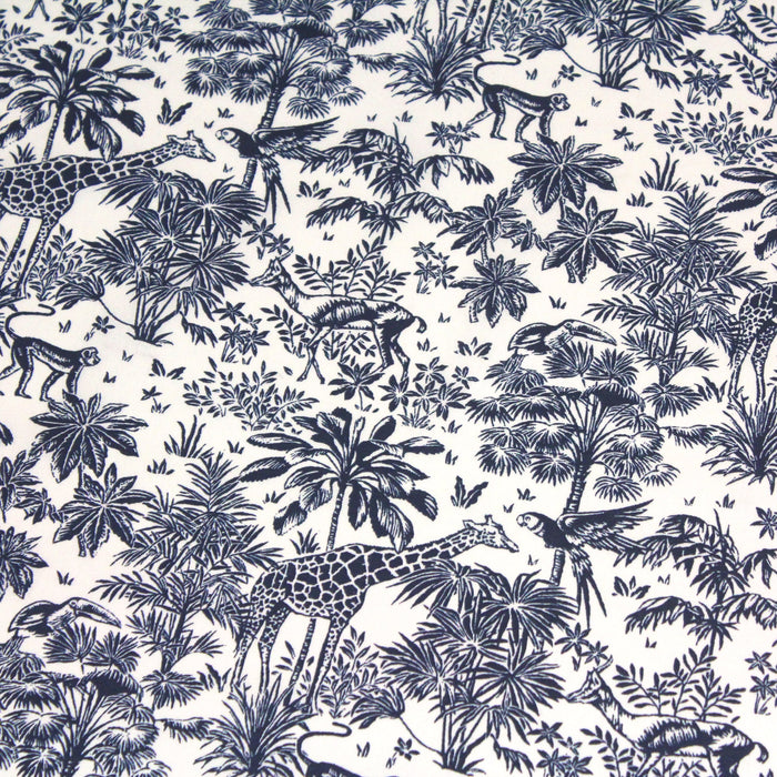 Tissu de coton toile de Jouy forêt tropicale, singes et girafes, tons bleus & blancs - Oeko-Tex