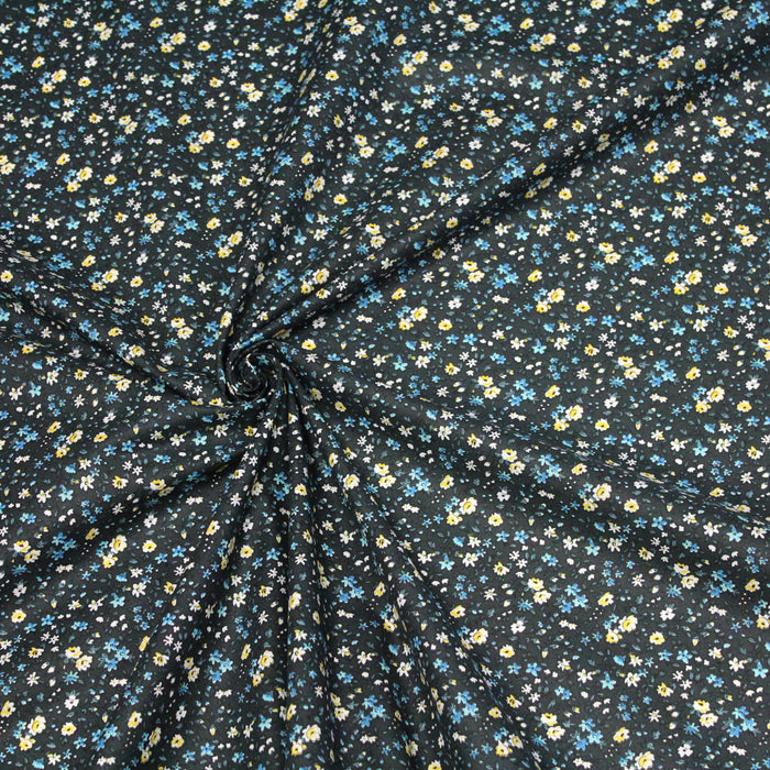 Tissu de coton VICTOIRE aux fleurs bleues & jaunes, fond vert kaki - Oeko-Tex