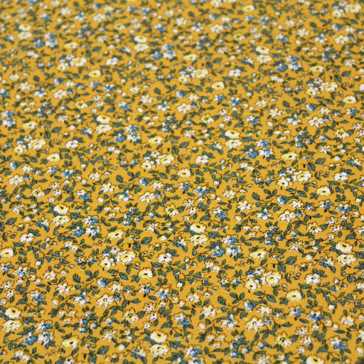 Tissu de coton VICTOIRE aux fleurs écrues & bleues, fond jaune - Oeko-Tex