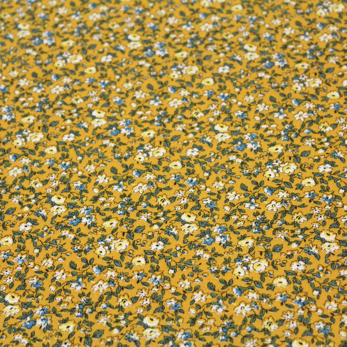 Tissu de coton VICTOIRE aux fleurs écrues & bleues, fond jaune - Oeko-Tex