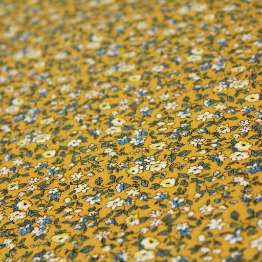 Tissu de coton VICTOIRE aux fleurs écrues & bleues, fond jaune - Oeko-Tex - tissuspapi