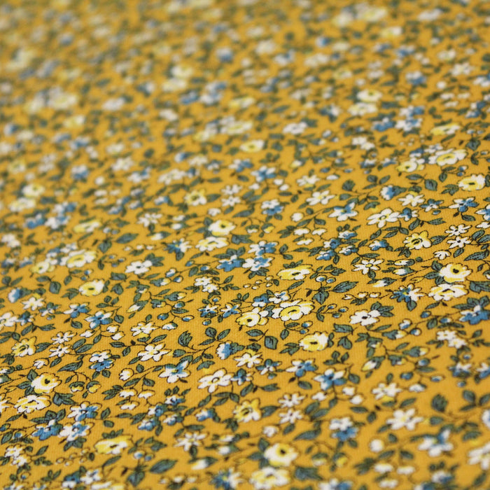 Tissu de coton VICTOIRE aux fleurs écrues & bleues, fond jaune - Oeko-Tex - tissuspapi