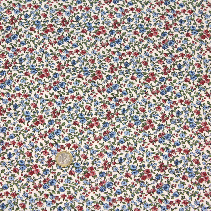 Tissu de coton VICTOIRE aux fleurs bleues & roses, fond blanc cassé - Oeko-Tex