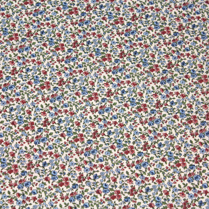 Tissu de coton VICTOIRE aux fleurs bleues & roses, fond blanc cassé - Oeko-Tex