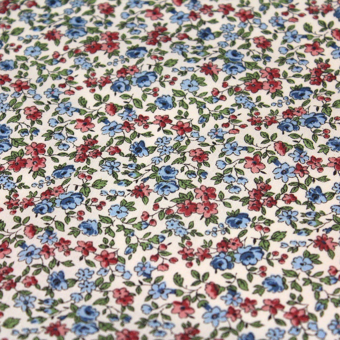 Tissu de coton VICTOIRE aux fleurs bleues & roses, fond blanc cassé - Oeko-Tex - tissuspapi