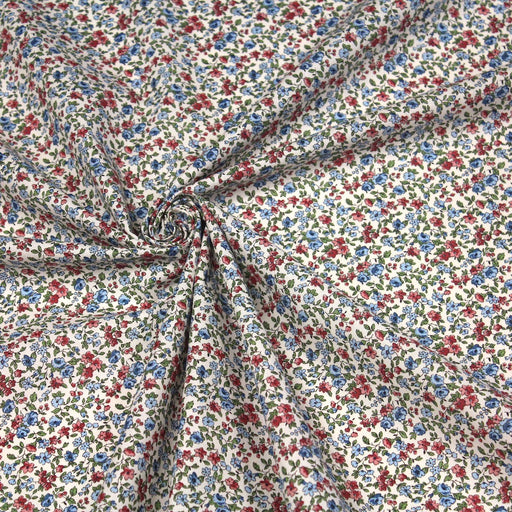 Tissu de coton VICTOIRE aux fleurs bleues & roses, fond blanc cassé - Oeko-Tex