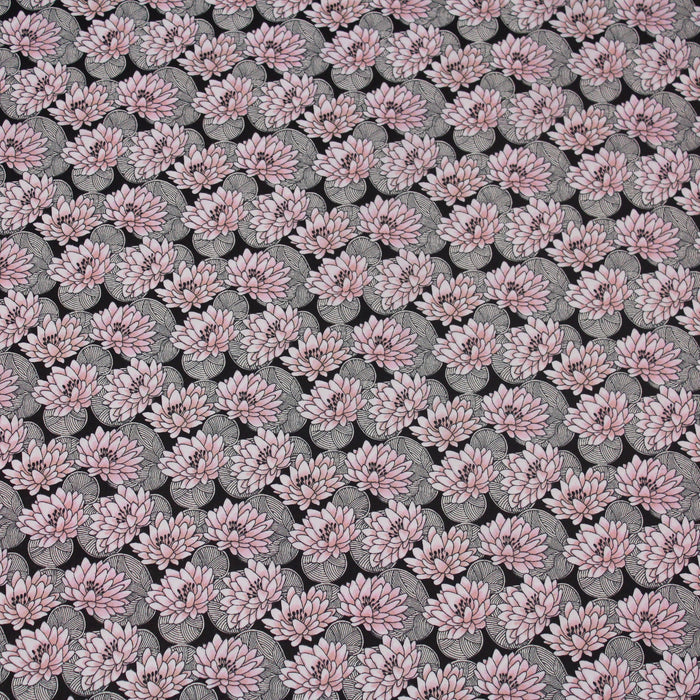 Tissu de coton japonais aux nénuphars & fleurs de lotus, noir & rose pâle - Oeko-Tex