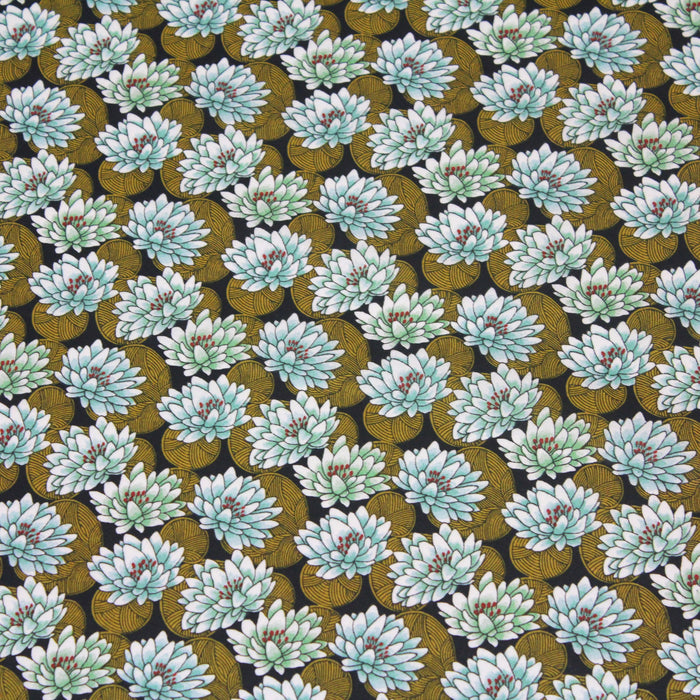 Tissu de coton japonais aux nénuphars & fleurs de lotus, jaune & bleu d'eau - Oeko-Tex