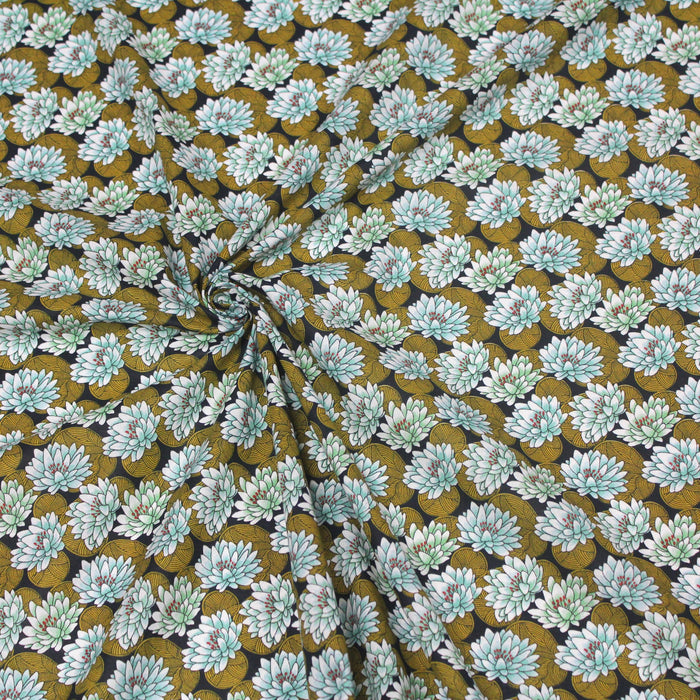 Tissu de coton japonais aux nénuphars & fleurs de lotus, jaune & bleu d'eau - Oeko-Tex