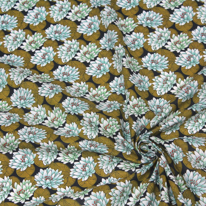 Tissu de coton japonais aux nénuphars & fleurs de lotus, jaune & bleu d'eau - Oeko-Tex