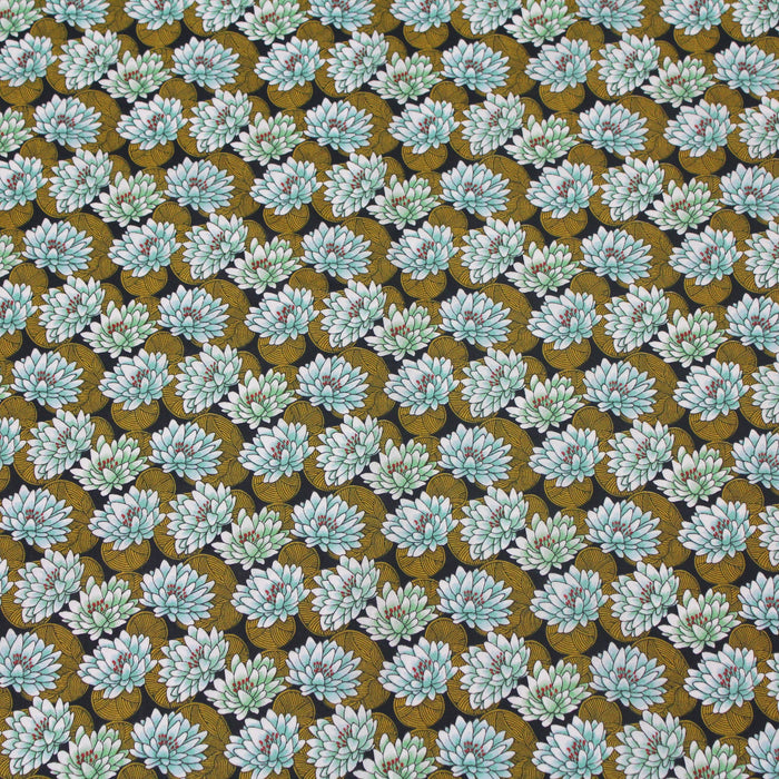 Tissu de coton japonais aux nénuphars & fleurs de lotus, jaune & bleu d'eau - Oeko-Tex