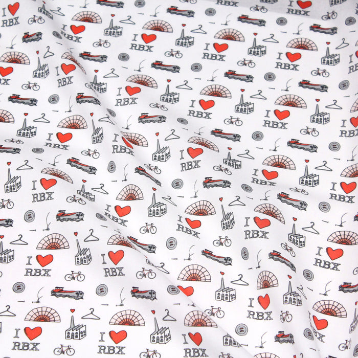 Tissu de coton I LOVE RBX, illustrations de Roubaix aux tons rouges, noirs et blancs sur fond blanc