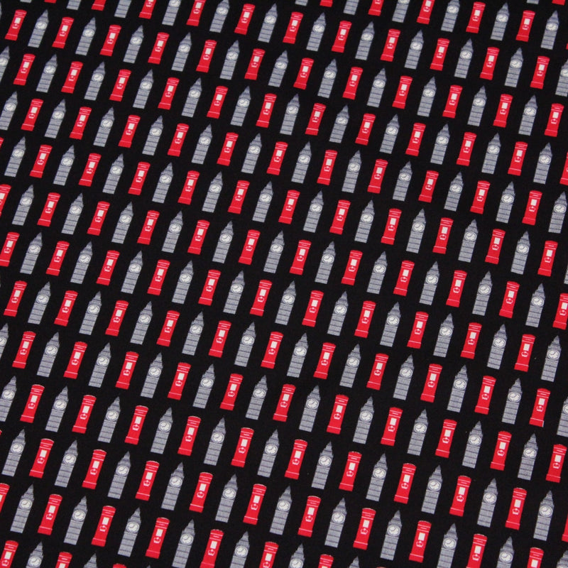 Tissu popeline de coton LONDON aux boîtes aux lettres mailbox rouges & Big Ben, fond noir - TissusPapi.com