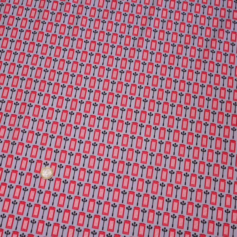 Tissu popeline coton LONDON, cabines téléphoniques rouges & réverbères britanniques - TissusPapi.com