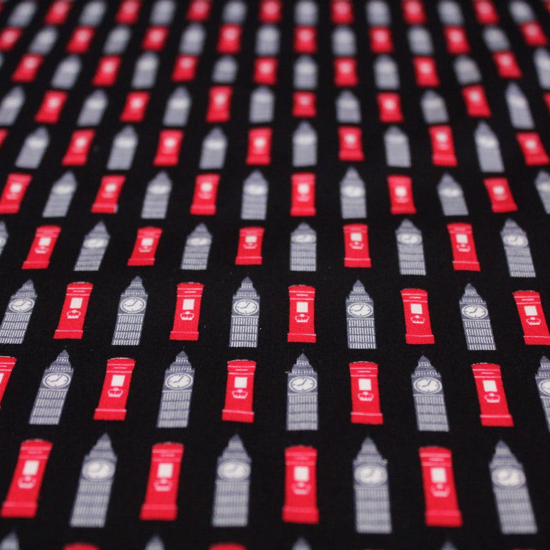 Tissu popeline de coton LONDON aux boîtes aux lettres mailbox rouges & Big Ben, fond noir - TissusPapi.com