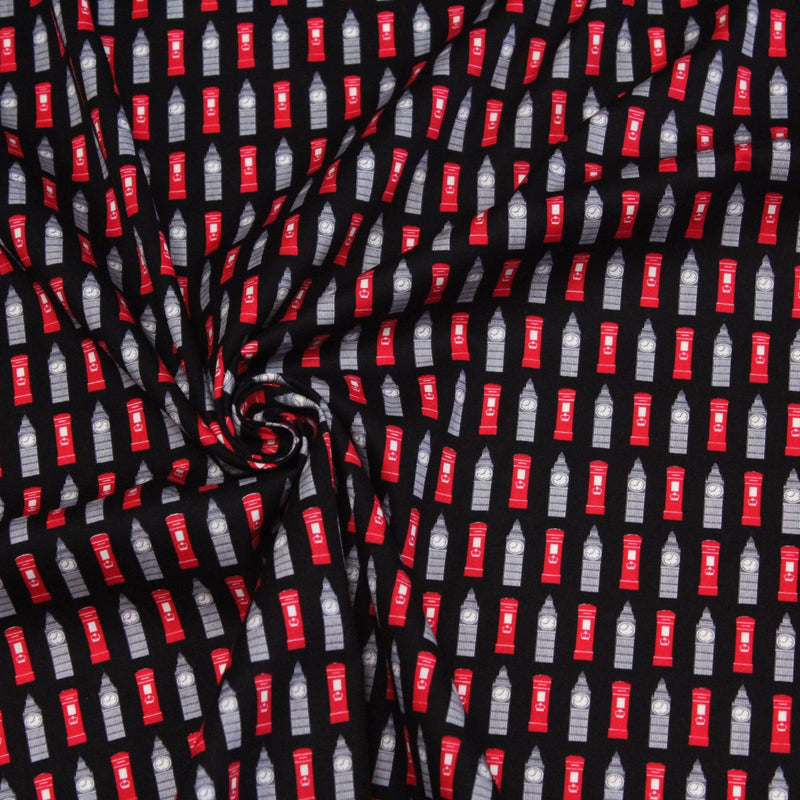 Tissu popeline de coton LONDON aux boîtes aux lettres mailbox rouges & Big Ben, fond noir - TissusPapi.com